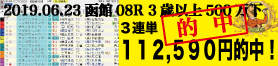 2019年06月23日-函館08R-3歳500万下-電脳競馬新聞3連単112,590円的中!!バナー