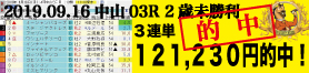 2019年09月16日-中山03R-2歳未勝利-電脳競馬新聞3連単121,230円的中!!バナー