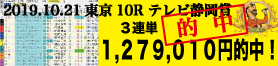 2019年10月21日-東京10R-テレビ静岡賞-電脳競馬新聞3連単1,279,010円的中!!バナー