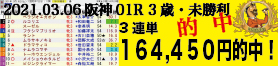 2021年03月06日 阪神01R 3歳・未勝利 電脳競馬新聞3連単164,450円的中!!
