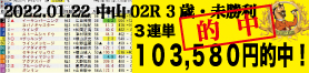 2022年01月22日-中山02R-3歳未勝利-電脳競馬新聞-3連単103,580円的中!!バナー