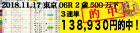 2018年11月17日 京都06R 2歳500万下 電脳競馬新聞3連単138,930円的中！