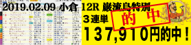 2019年02月09日-小倉12R-巌流島特別-電脳競馬新聞3連単137,910円的中!!バナー