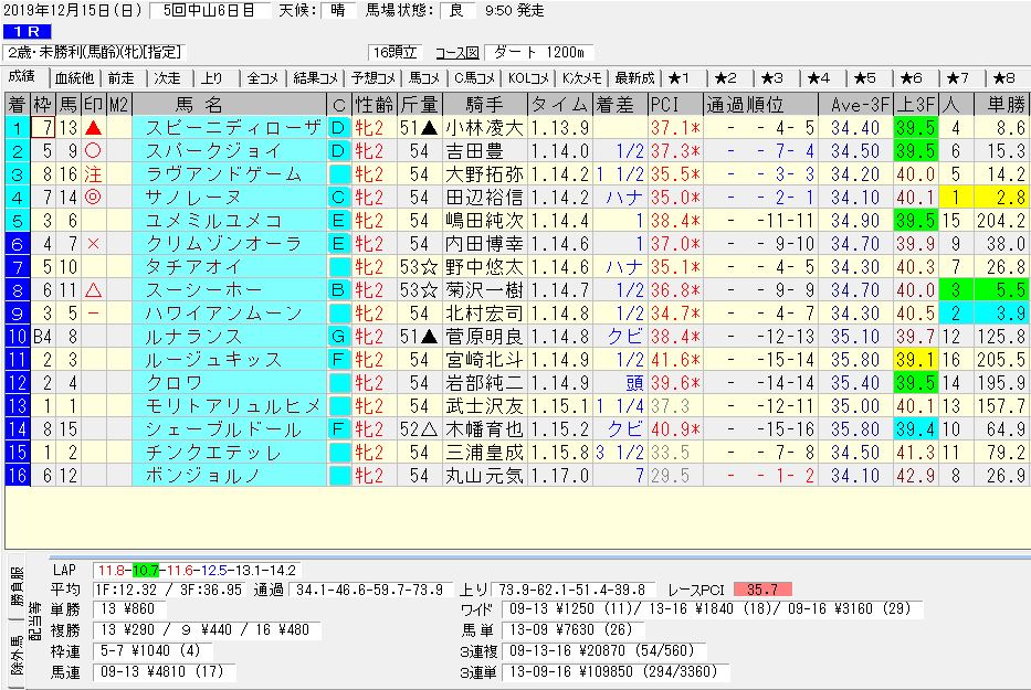 2019年12月15日開催 中山01R 2歳・未勝利 電脳競馬新聞3連単3連単109,850円馬券的中！結果