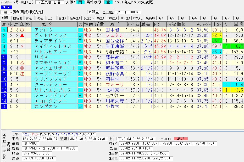 2020年02月16日開催 京都01R 3歳・未勝利 電脳競馬新聞 3連単 3連単290,210円馬券的中！結果