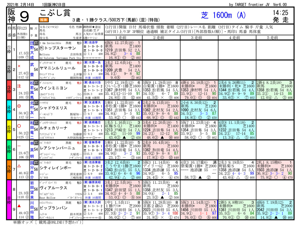 2021年02月14日開催 阪神09R 3歳500万下 電脳競馬新聞 3連単223,290円馬券的中