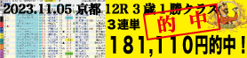 2023年11月05日-京都12R-3歳以上1勝クラス-電脳競馬新聞-3連単181,110円的中!!バナー