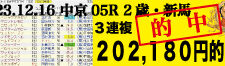2023年12月16日-中京05R-2歳・新馬-電脳競馬新聞-3連複202,180円的中!!バナー