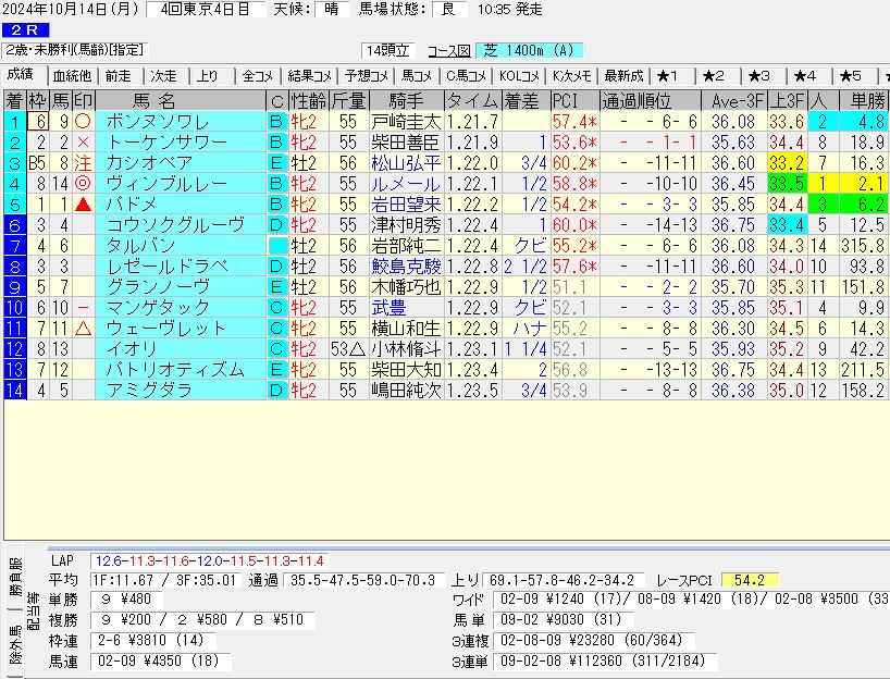 2024年10月14日開催 東京02R 2歳・未勝利 電脳競馬新聞 3連単112,360円馬券的中！結果